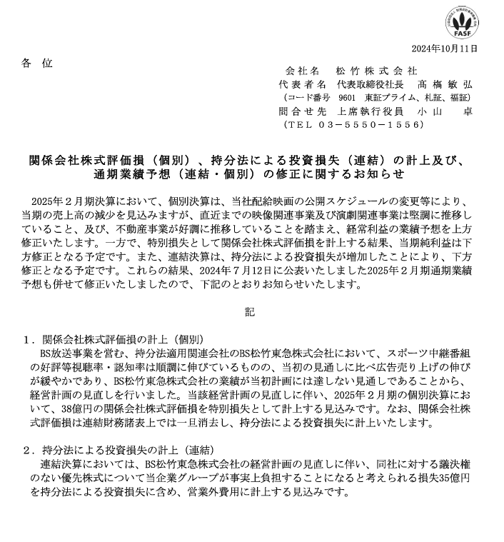 関係会社株式評価損（個別）、持分法による投資損失（連結）の計上及び、通期業績予想（連結・個別）の修正に関するお知らせ