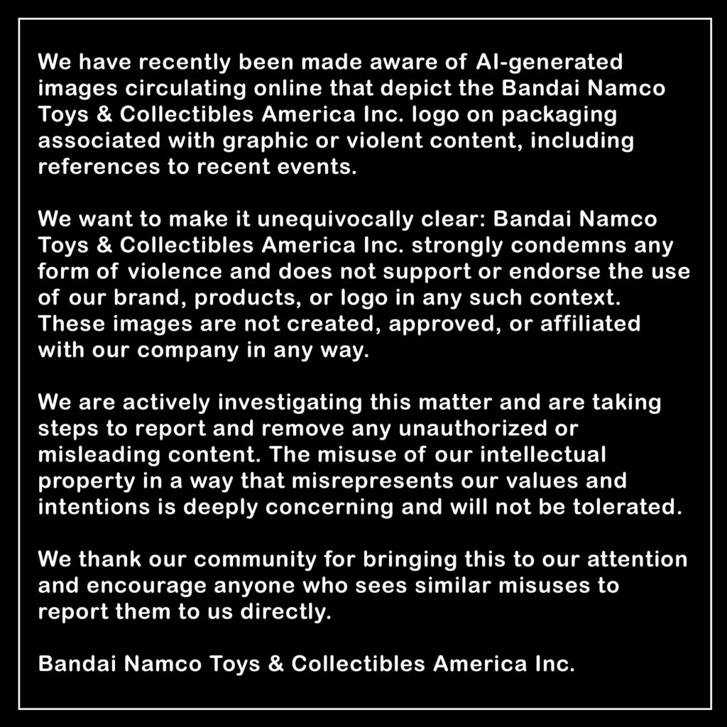 米国バンダイ、自社ロゴが入ったAI生成画像を強く非難　殺害事件のフィギュア風加工投稿が関連か