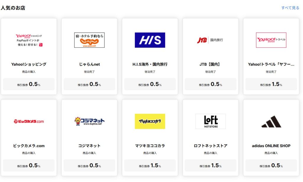 「ヤフーショッピング」「ビックカメラ」は0.5%、「マツキヨココカラ」は1.5%など…主なバック料率